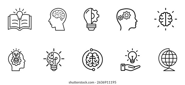 Knowledge thin line icon set. Inspiration for creative idea symbol. Containing book, mind, thinking, cognition, brain, light bulb, education, globe, creativity, idea, imagination, intelligence, genius