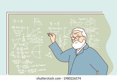 Knowledge, training and education and science concept. Professor explaining seminar lecture topic using drawing diagram on class blackboard