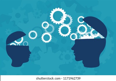 Knowledge transfer concept. Vector of two head silhouette of adult person and a child sharing knowledge, ideas, over blue background