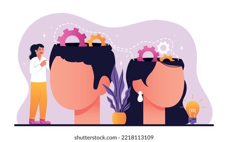 Knowledge transfer or idea. Woman standing near male and female head abstract silhouette. Creativity and logical thinking, insight and brainstorming. Mental health. Cartoon flat vector illustration