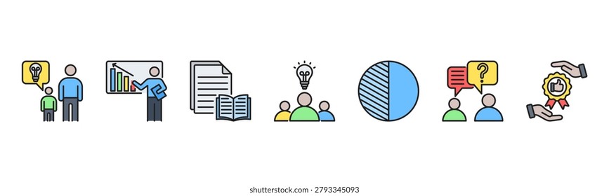 Knowledge Transfer Management icon set includes Mentorship, Training, Documentation, Workshops, Shadowing, Q and A Sessions, and Best Practice Sharing for knowledge continuity.