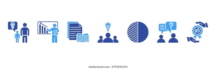 Knowledge Transfer Management icon set includes Mentorship, Training, Documentation, Workshops, Shadowing, Q and A Sessions, and Best Practice Sharing for knowledge continuity.