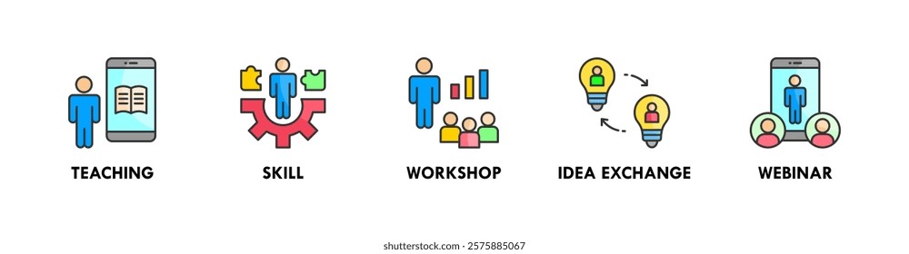 Knowledge Transfer web icon illustration concept with icon of teaching, skill, workshop, idea exchange, and webinar