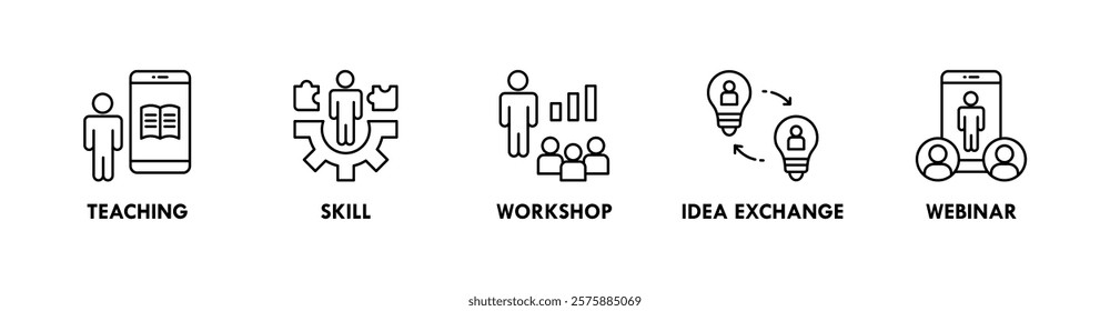 Knowledge Transfer web icon illustration concept with icon of teaching, skill, workshop, idea exchange, and webinar