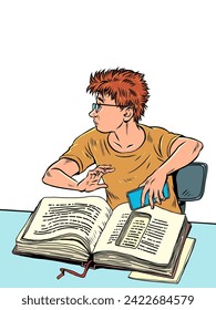 Knowledge is transformed into new forms. A boy in glasses with a book and a phone. Hide secrets from prying eyes. Pop Art Retro Vector Illustration Kitsch Vintage 50s 60s Style. On a white background