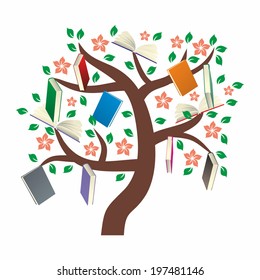 Knowledge Tree with leaves, flowers and books