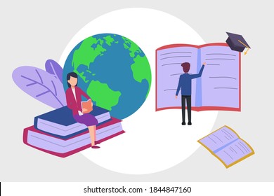 Knowledge vector concept: Young woman and man reading books to increase their knowledge