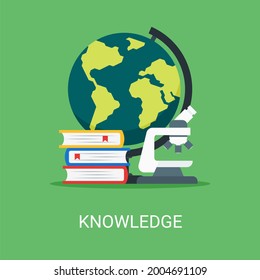 Knowledge vector illustration concept in flat style. Globe, microscope, books icon suitable for many purposes.