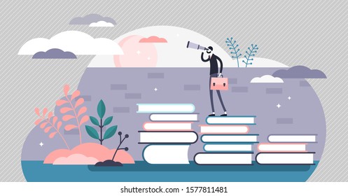 Knowledge vector illustration. Smart wisdom persons in flat tiny concept. Wider and far reaching vision from learning and reading books in academic education. Sharp mind and powerful intellect scene.