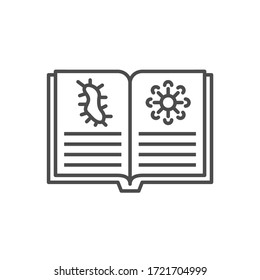 Knowledge of virology related vector thin line icon. Open book with virus information. Isolated on white background. Editable stroke. Vector illustration.
