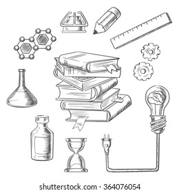 Knowledge And Web Education Sketch Design With Light Bulb Plugged Into A Tall Stack Of Books. Surrounded By Flasks, DNA, Hourglass, Gears, Ruler, Atom And Pencil 