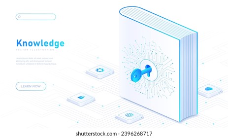 Knowledge white poster. Electronic storage and archive. Modern technologies and innovations. Landing page design. Cartoon isometric vector illustration isolated on white background