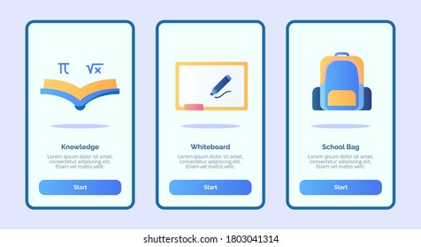 Knowledge whiteboard schoolbag for mobile apps template banner page UI with three variations modern flat color style