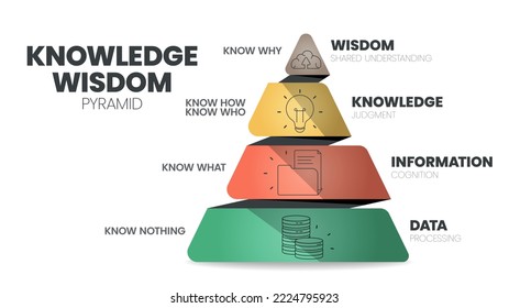 Knowledge Wisdom hierarchy infographic template with icon has Wisdom (Shared understanding), Knowledge (Judgment), Information (Cognition), Data (Processing). DIKW knowledge management pyramid vector.