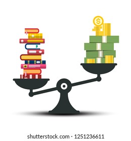 Knowledge - Wisdom and Wealth Comparison. Books and Money on Scales Vector Illustration.