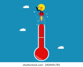 Knowledge without boundaries. Businesswoman riding a lightbulb rocket flies through a broken mercury thermometer 