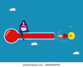 Knowledge without boundaries. woman with a rocket light bulb flies into a broken thermometer