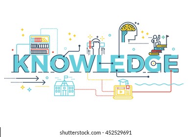 Knowledge word lettering typography design illustration with line icons and ornaments in blue theme