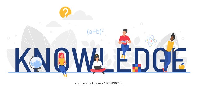 Knowledge word vector illustration. Cartoon flat tiny booklovers woman man characters reading books for education, reader people sitting next to big letters, educational concept isolated on white