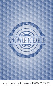 Knowledgeable blue emblem or badge with abstract geometric polygonal pattern background.