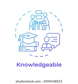 Knowledgeable blue gradient concept icon. Mentor qualities. Having deep expertise and knowledge. Guidance and teaching. Round shape line illustration. Abstract idea. Graphic design. Easy to use