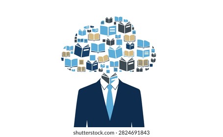 Knowledgeable businessman with a cloud made of multiple books floating above his head representing intellectual growth and learning.