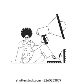 Knowledgeable HR specialist man holding a megaphone. HR topic. Linear black and white style.
