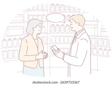 A knowledgeable pharmacist assists a customer in navigating various medication options in a welcoming pharmacy setting