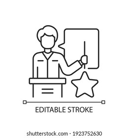 Knowledgeable presenter linear icon. Lecturer near the blackboard tells. Workshop. Holds star. Thin line customizable illustration. Contour symbol. Vector isolated outline drawing. Editable stroke