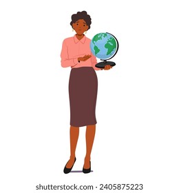 El Personaje De Profesora De Geografía De Mujeres Con Conocimiento Imparte La Sabiduría De Manera Apasionada, Gestando Hacia Un Globo De Giro, Desbaratando Las Maravillas Del Mundo En El Aula. Ilustración de vectores de personas de caricatura