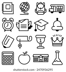 KnowledgeForAll. Line icons of school elements on isolated white background. Vector illustration.