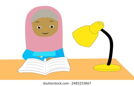 KnowledgeForAll. Vector Illustration A Girl reading book on the table and there is a desk light to her left