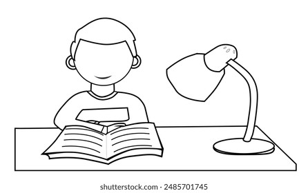 KnowledgeForAll. vector illustration Llne art a boy reading book on the table and there is a desk light to her left