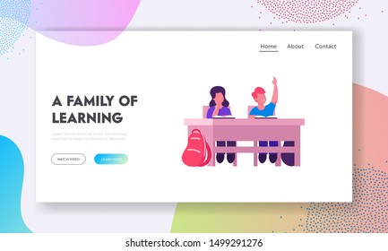 Knowledges and Education Website Landing Page. School Kids Boy and Girl Sitting at Desk in Classroom Studying. Schoolboy Raising Hand to Answer Lesson Web Page Banner. Cartoon Flat Vector Illustration