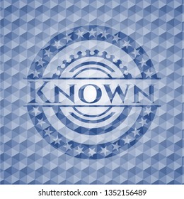 Known blue emblem with geometric pattern background.