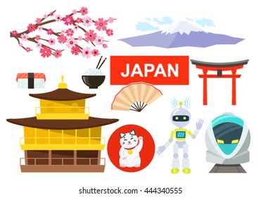 Known symbols and attractions of Japan. Flat vector set isolated on white background
