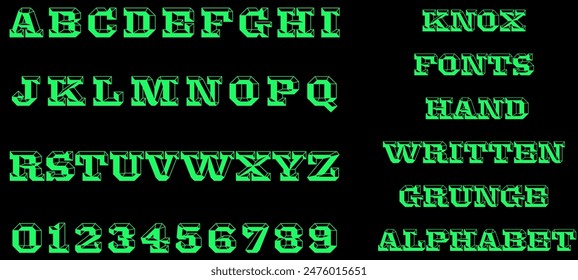 Knox fonts in Green color. Hand written grunge alphabet, Knox stroke typography. Sketch black ink design header uppercase letters. Messy painted watercolor alphabet elements. Vector 
