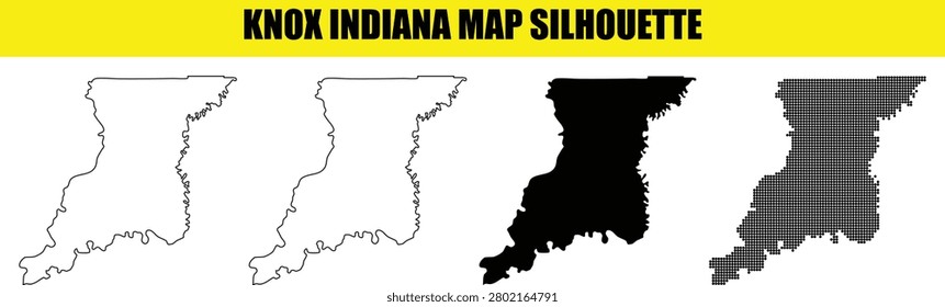 Knox Indiana map in white outline solid black and dotted styles on transparent background. Geographic shape illustration.