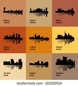 Knoxville, Nashville, Memphis, Louisville, Lexington, Frankfort, Fort Wayne, Evansville, Indianapolis (Set of 9 city silhouette)