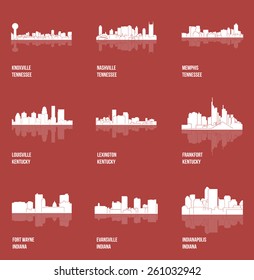 Knoxville, Nashville, Memphis, Louisville, Lexington, Frankfort, Fort Wayne, Evansville, Indianapolis (Set of 9 city silhouette)