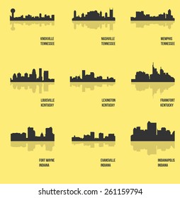 Knoxville, Nashville, Memphis, Louisville, Lexington, Frankfort, Fort Wayne, Evansville, Indianapolis (Set of 9 city silhouette)