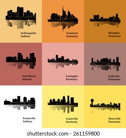 Knoxville, Nashville, Memphis, Louisville, Lexington, Frankfort, Fort Wayne, Evansville, Indianapolis (Set of 9 city silhouette)