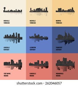 Knoxville, Nashville, Memphis, Louisville, Lexington, Frankfort, Fort Wayne, Evansville, Indianapolis (Set of 9 city silhouette)