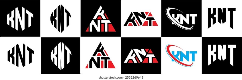 KNT letter logo design in six style. KNT polygon, circle, triangle, hexagon, flat and simple style with black and white color variation letter logo set in one artboard. KNT minimalist and classic logo