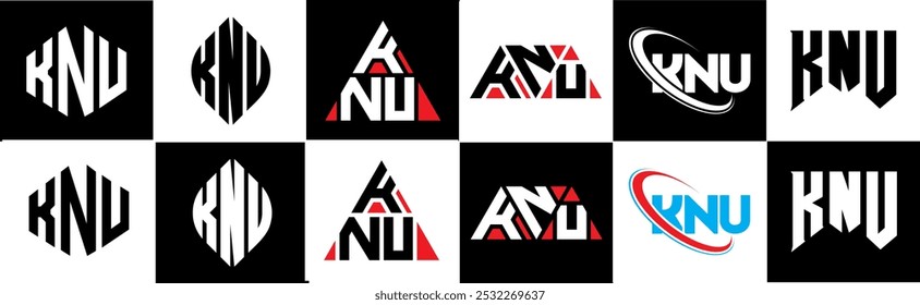 KNU diseño del logotipo de la letra en seis estilos. KNU polígono, círculo, triángulo, hexágono, estilo plano y simple con logo de letra de variación de color blanco y negro en una mesa de trabajo. Logotipo minimalista y clásico de KNU