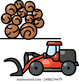 Knuckle boom forestry crane Logging and stacking at Wood Processing Yard concept, vector outline design, timber and lumber Symbol, Forest and Deforestation Sign,mill yard saw works illustration
