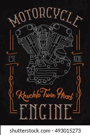 Knuckle twin head motorcycle engine. Biker poster, t-shirt design with stylish vintage elements on grunge background. 
