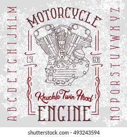 Knuckle twin head motorcycle engine. Biker poster, t-shirt design with stylish retro font on grunge background. 