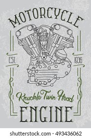 Knuckle twin head motorcycle engine. Biker poster, t-shirt design with stylish vintage elements on grunge background. 