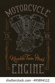 Knuckle twin head motorcycle engine. Biker poster, t-shirt design with stylish vintage elements on grunge background.